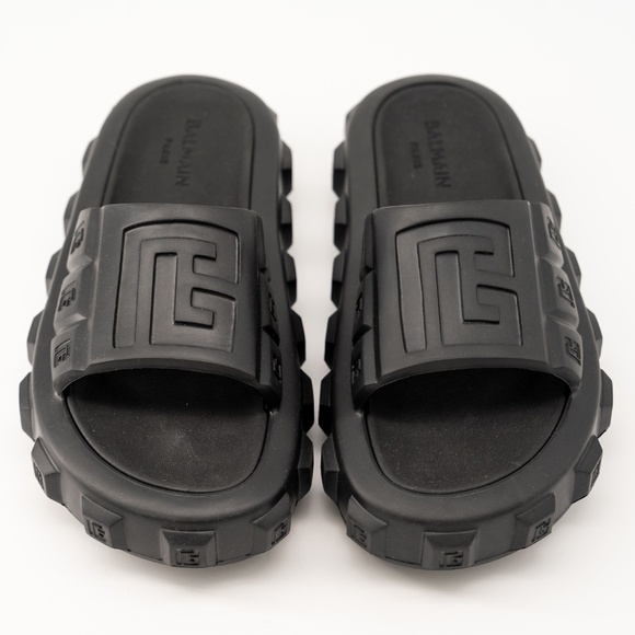size 40-41 Balmain Black Ari Rubber Slip On Slides Sandal Embossed Logo - Picture 3 of 11